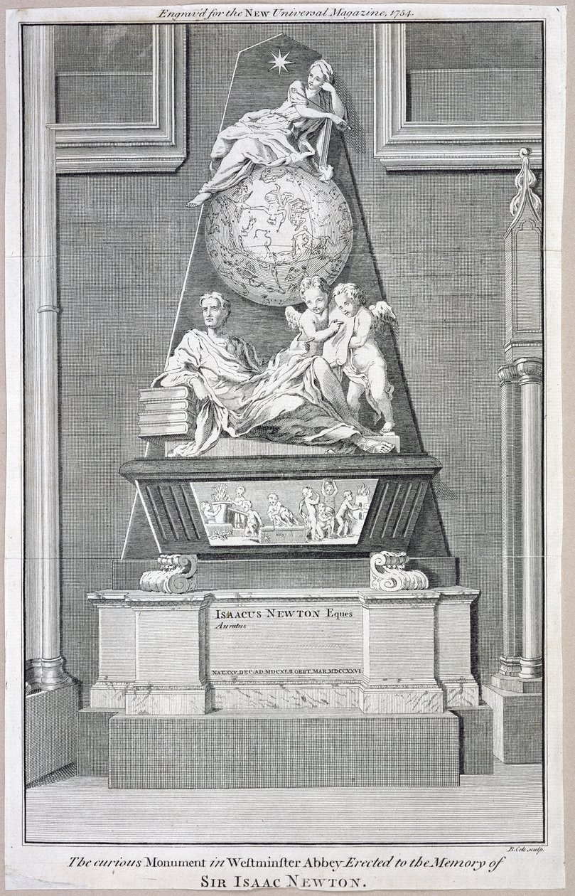 Det nysgjerrige monumentet i Westminster Abbey reist til minne om Sir Isaac Newton, 1754 av B. Cole