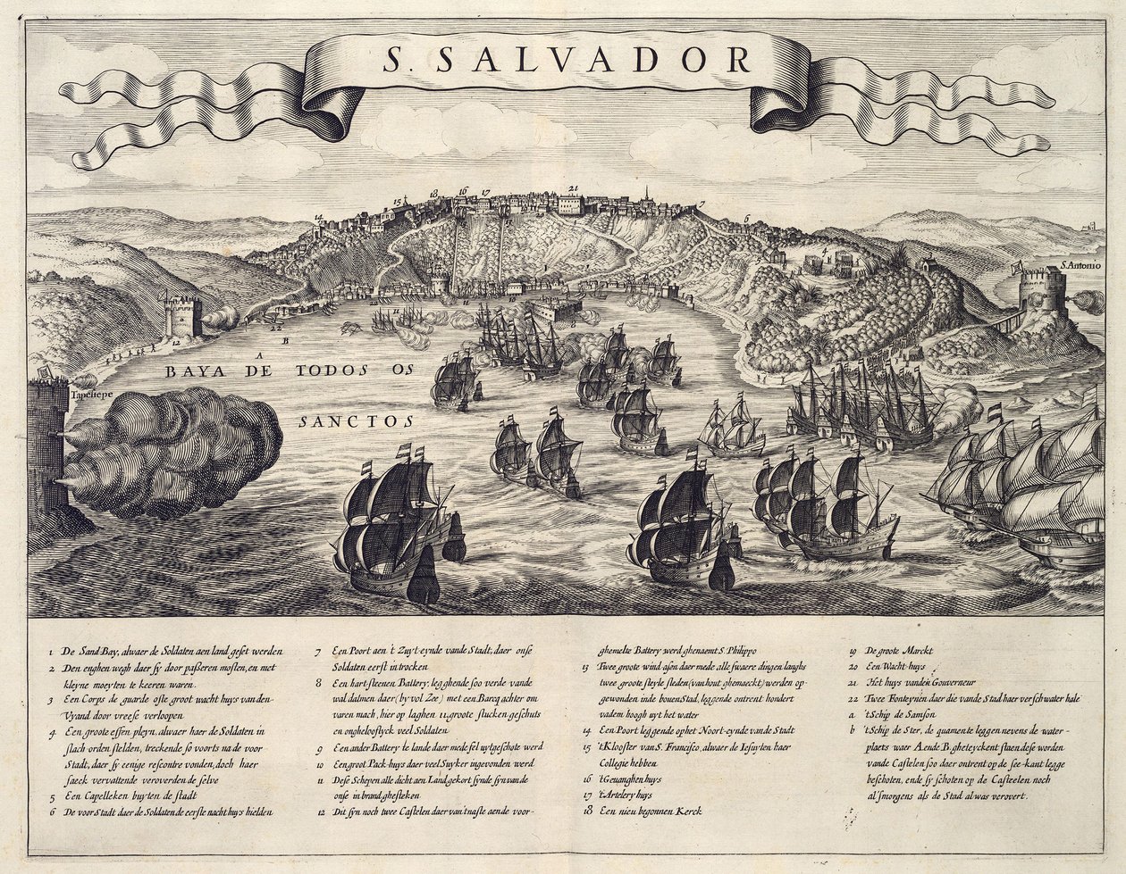 Utsikt over kampen om byen San Salvador i All Saints Bay mellom nederlenderne og portugiserne i 1624 av B. Elsevier