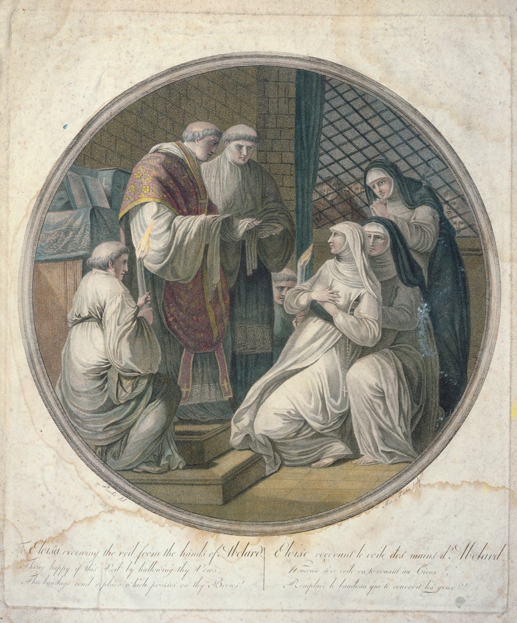 Eloise mottar sløret fra hendene til Abelard (fargegravering) av B. Pernotin