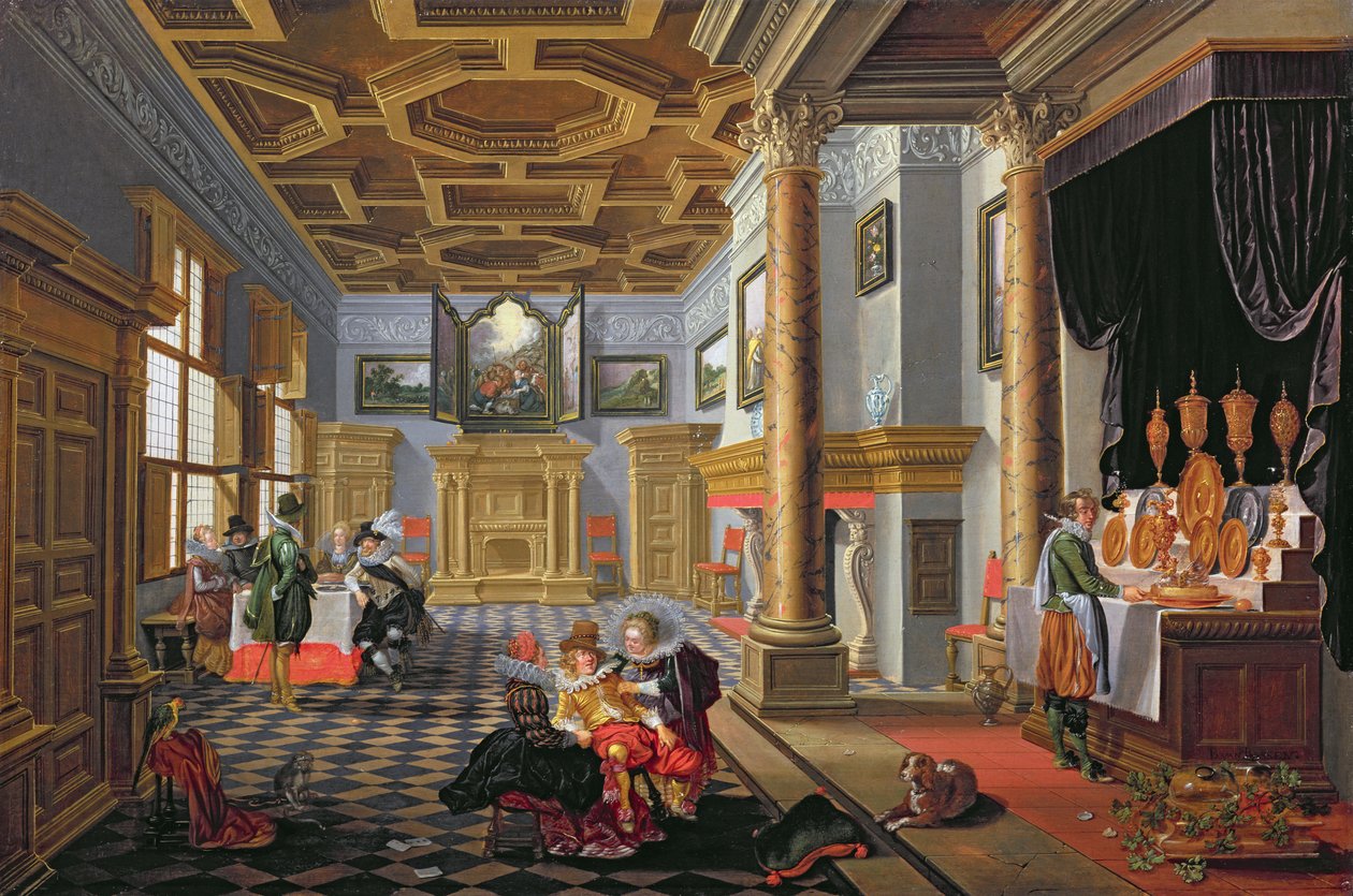 Elegante figurer som spiser i et høvisk interiør av B. van and Velde, E. van de Bassen