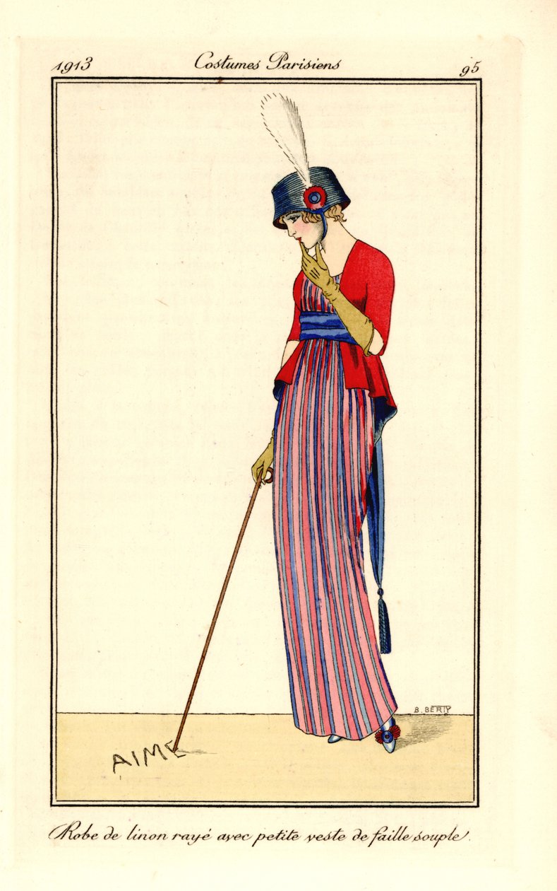 Kvinne i stripet linkjole og vest i myk ribbet silke eller faille, lue med kokarde. Hun skriver kjærlighet med stokken i sanden. Robe de linon raye med petite veste de faille souple. Håndkolorert pochoir (stensil) etsning etter illustrasjon av B. Bert av B Berty