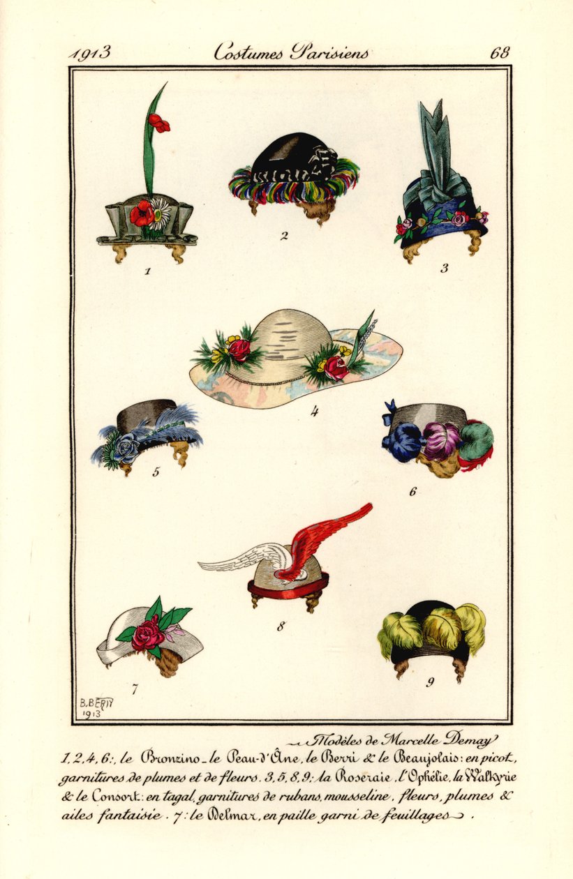 Damehattedesign av milliner Marcelle Demay. Modeller av Marcelle Demay. Håndfarget pochoir (stensil) etsning etter en illustrasjon av B. Berty fra Tommaso Antonginis Journal des Dames et des Modes, Aux Bureaux du Journal des Dames, Paris av B Berty