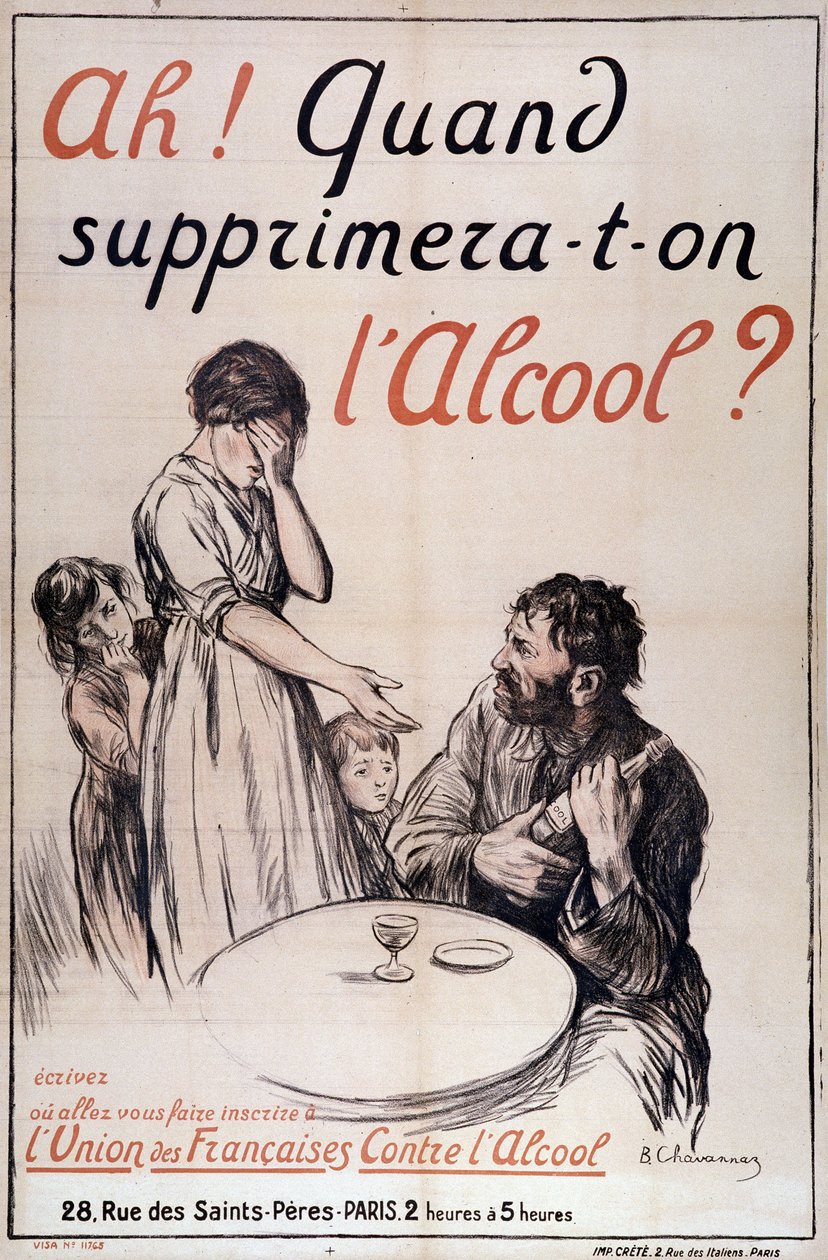 Alkoholisme: "Når vil alkohol bli fjernet?" c. 1910 (litografi) av B. Chavannaz
