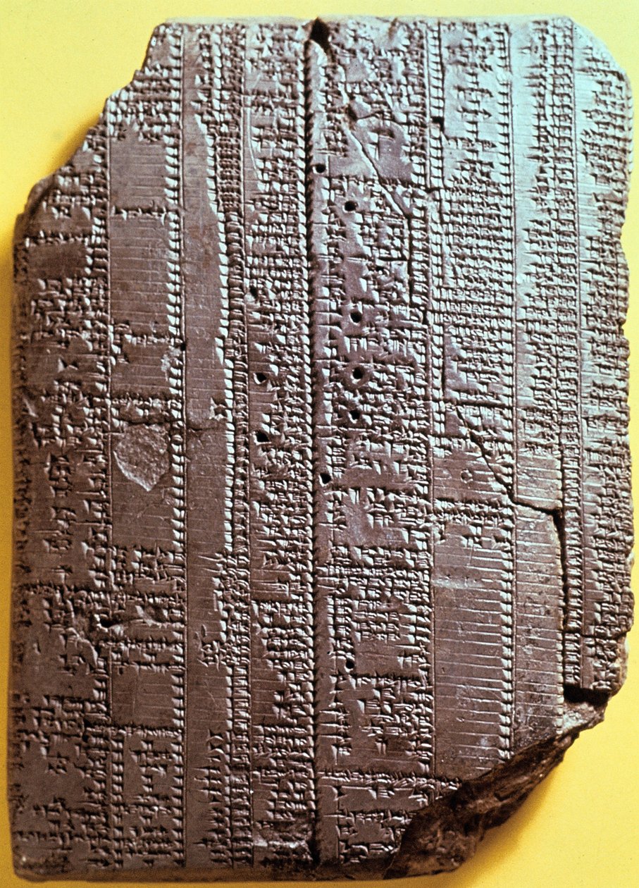 Babylonsk leirtavle med tekst. 7. århundre f.Kr. Tabell med pensum. av Babylonian