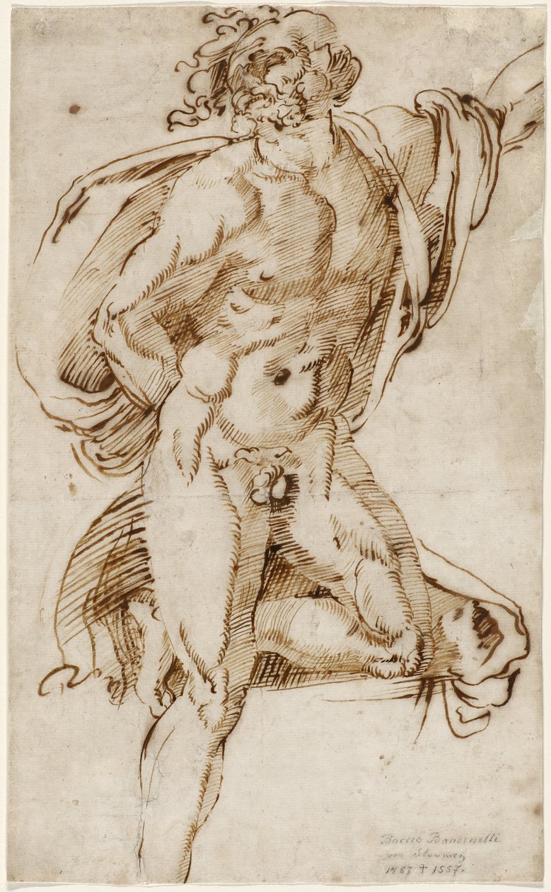 Naken mann som lener seg på ett kne i en kontraposto-stilling (studie relatert til Laocoön), ca. 1520-25 (penn og jern galleblekk på lagt papir) av Baccio Bandinelli