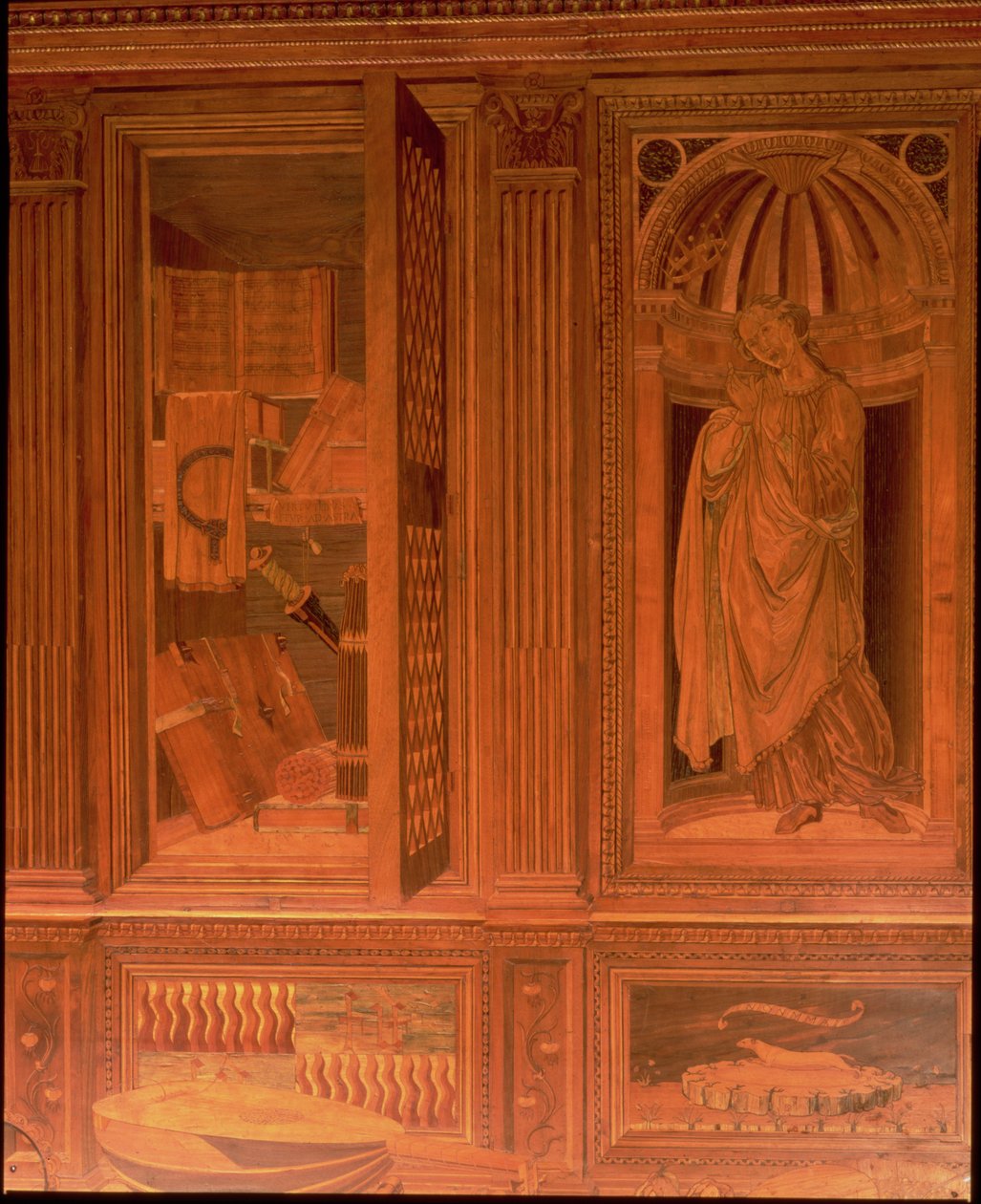 Studiet til Federigo da Montefeltro, hertugen av Urbino: intarsia-panel som viser (L) et åpent skap med bøker og (R) Hope i en arkitektonisk nisje med musikkinstrumenter på en hylle under (tre) av Baccio Pontelli