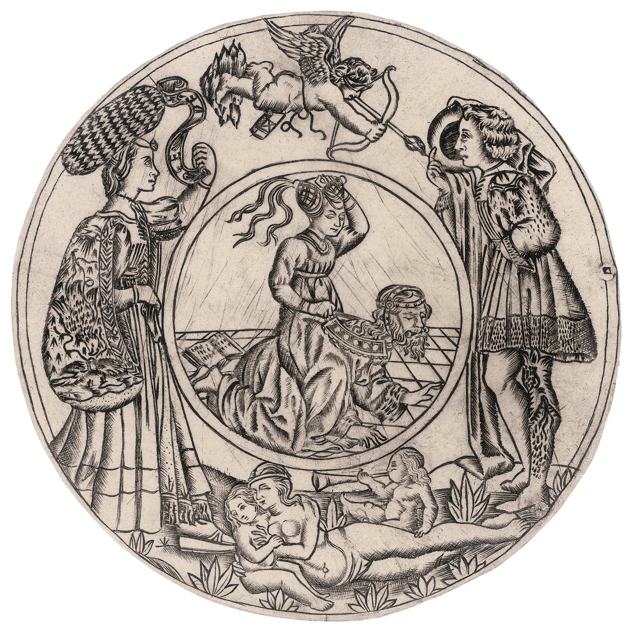 Aristoteles og Phyllis, omgitt av en ung mann og kvinne med Eros, og en liggende naken kvinne med to barn, andre halvdel av 1400-tallet (gravering) av Baccio (circle of) Baldini