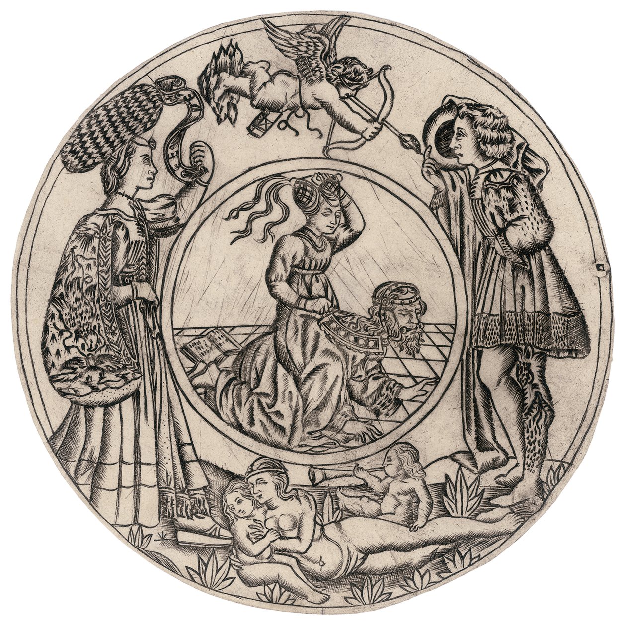 Aristoteles og Phyllis, omgitt av en ung mann og kvinne med Eros, og liggende naken kvinne med to barn, andre halvdel av 1400-tallet av Baccio Baldini