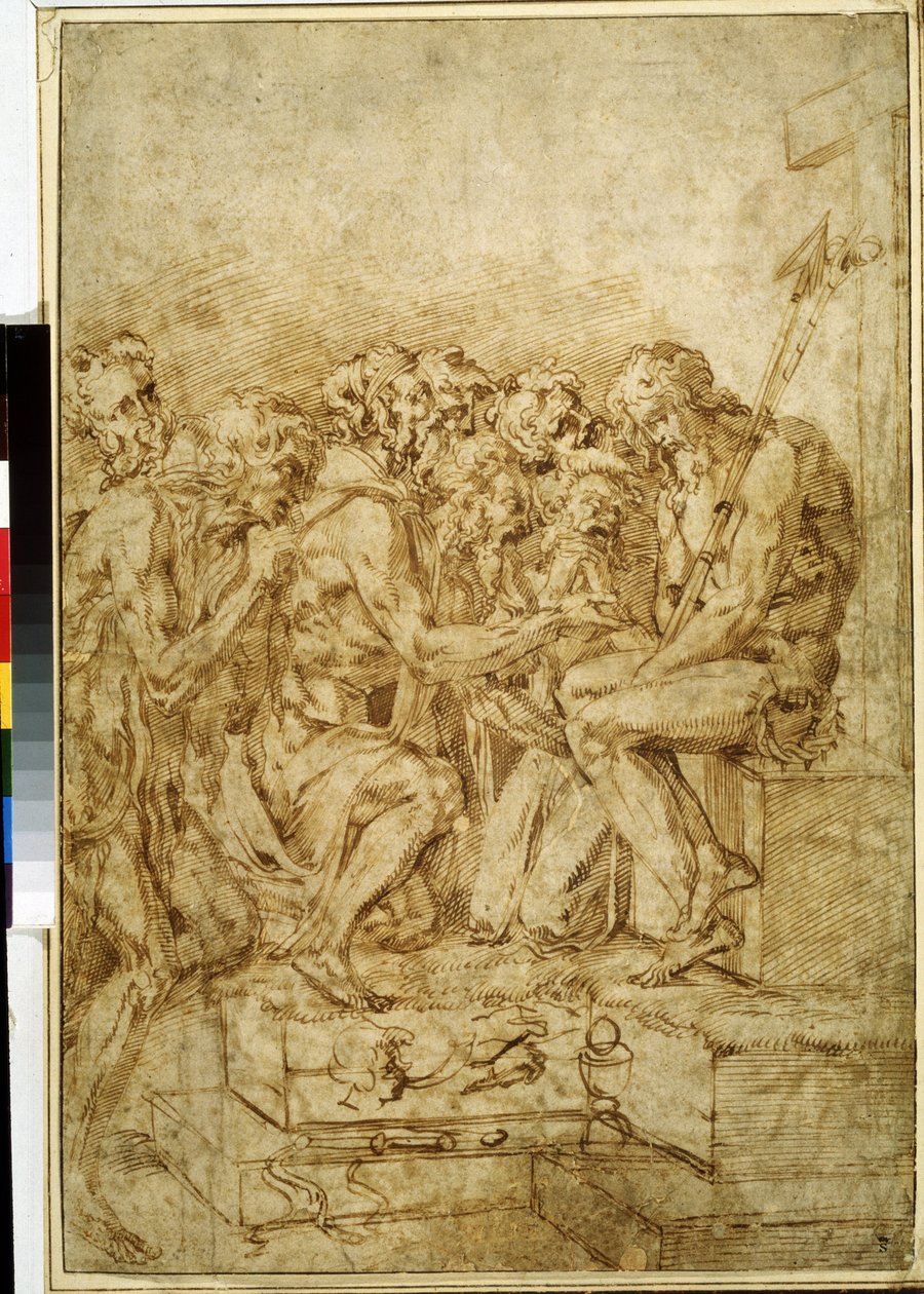 ""Kristus med symbolene for lidenskapen omgitt av syv figurer"" (Kristus med symboler for lidenskaper fulgt av syv figurer) Tegning i brunt blekk av Baccio Bandinelli (1493-1560) Pushkin-museet fra 1500-tallet Moskva av Baccio Bandinelli