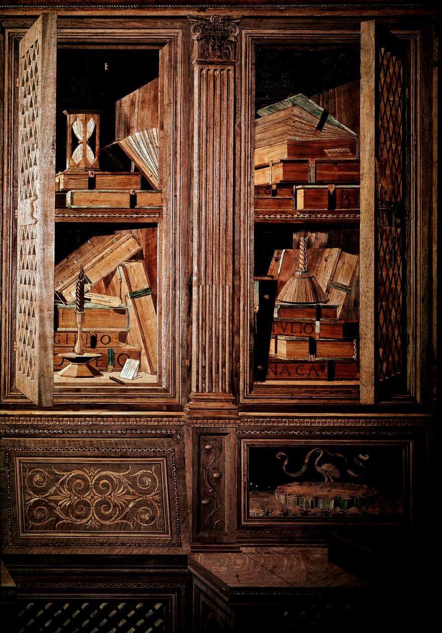 Studiolo av hertug Frederic III av Montefeltre, hertug av Urbino (Urbino), på italiensk Federico III da Montefeltro (1422-1482). Detalj, tremosaikk legno, vermoldinger utført av Baccio Pontelli (1450-92) etter tegningene av Mariano dei Filipepi dit Sandro av Baccio Pontelli