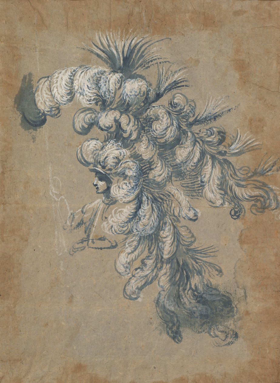 Design for en overdådig hodeplagg med fjær, ca. 1620-56. av Baccio del Bianco