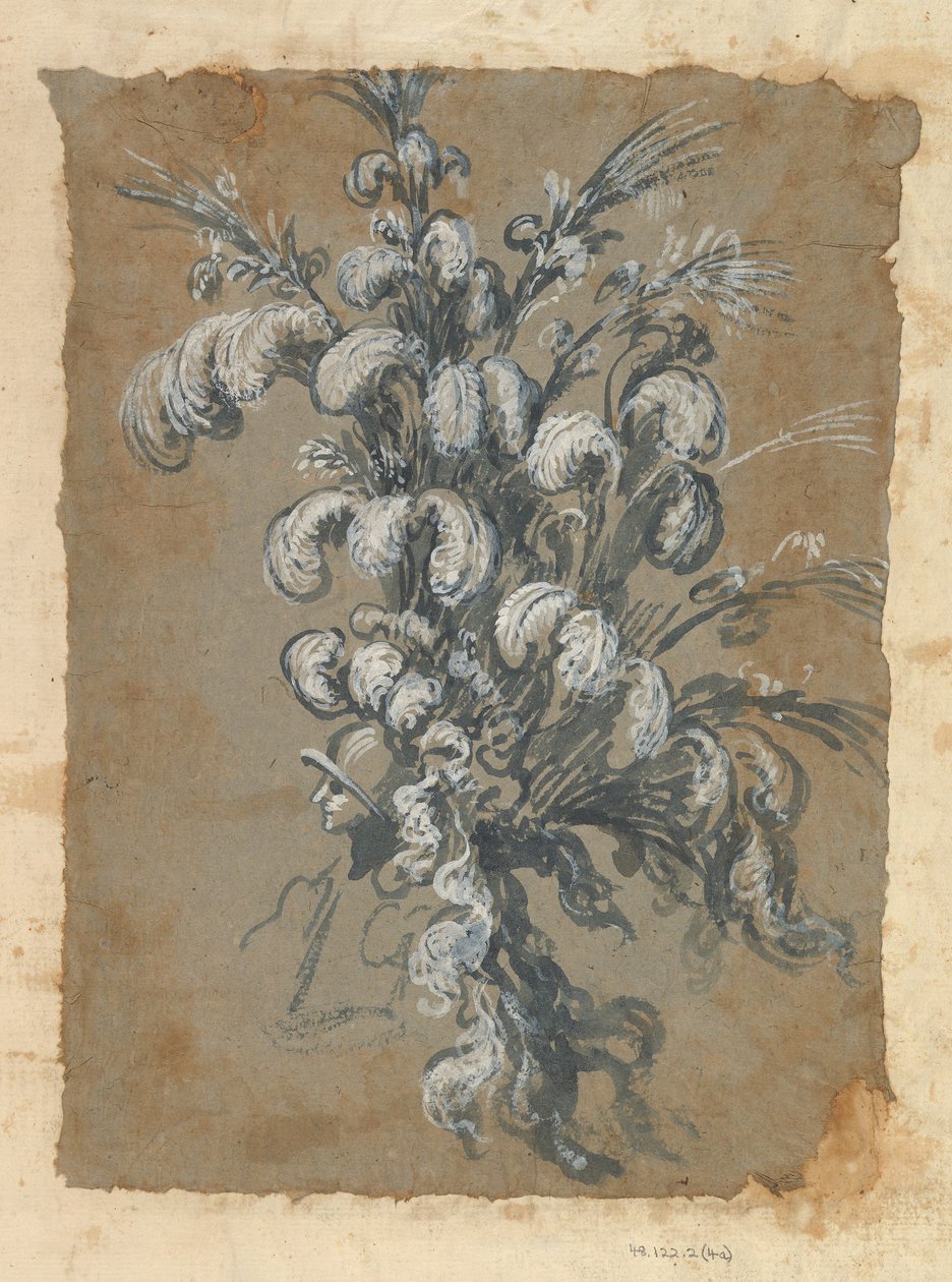 Design for en overdådig hodeplagg med fjær på en hjelm, ca. 1620-56. av Baccio del Bianco