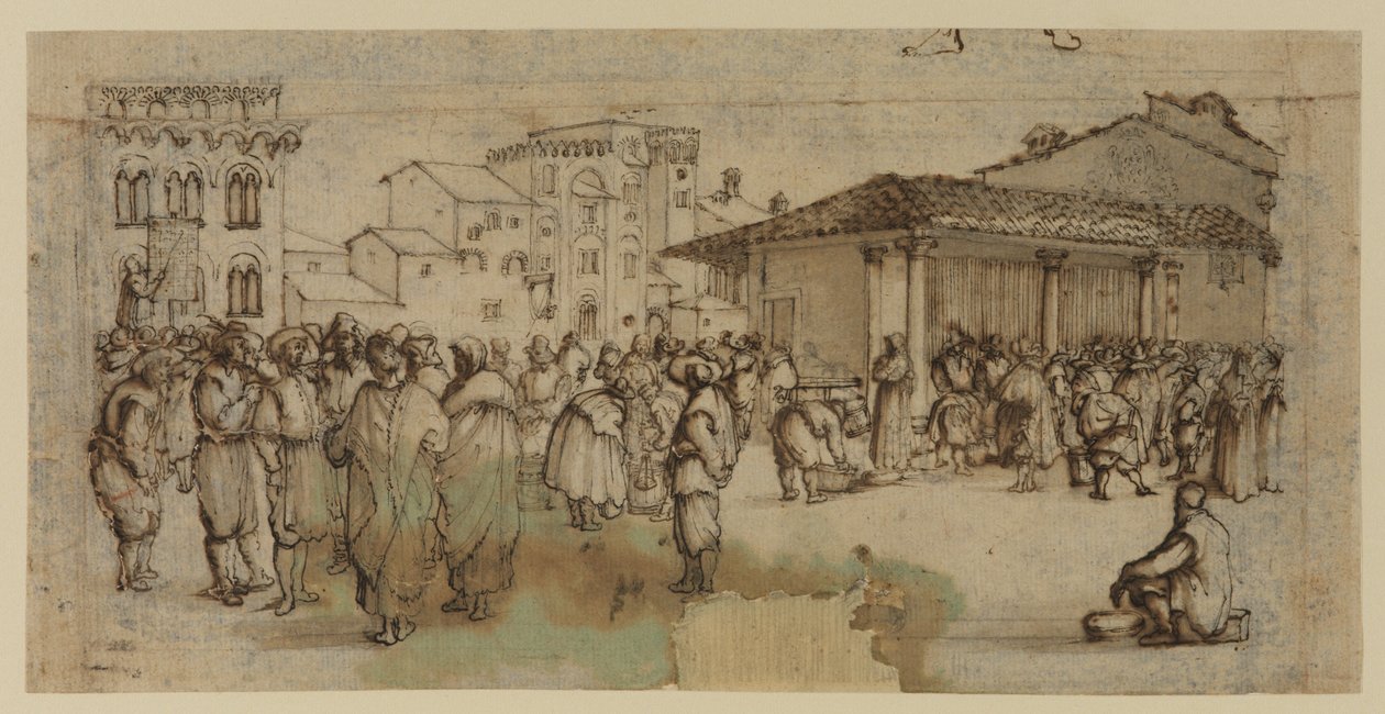 Markedsplass i Firenze, med figurer (kritt, penn og blekk, og vask på papir) av Baccio del Bianco