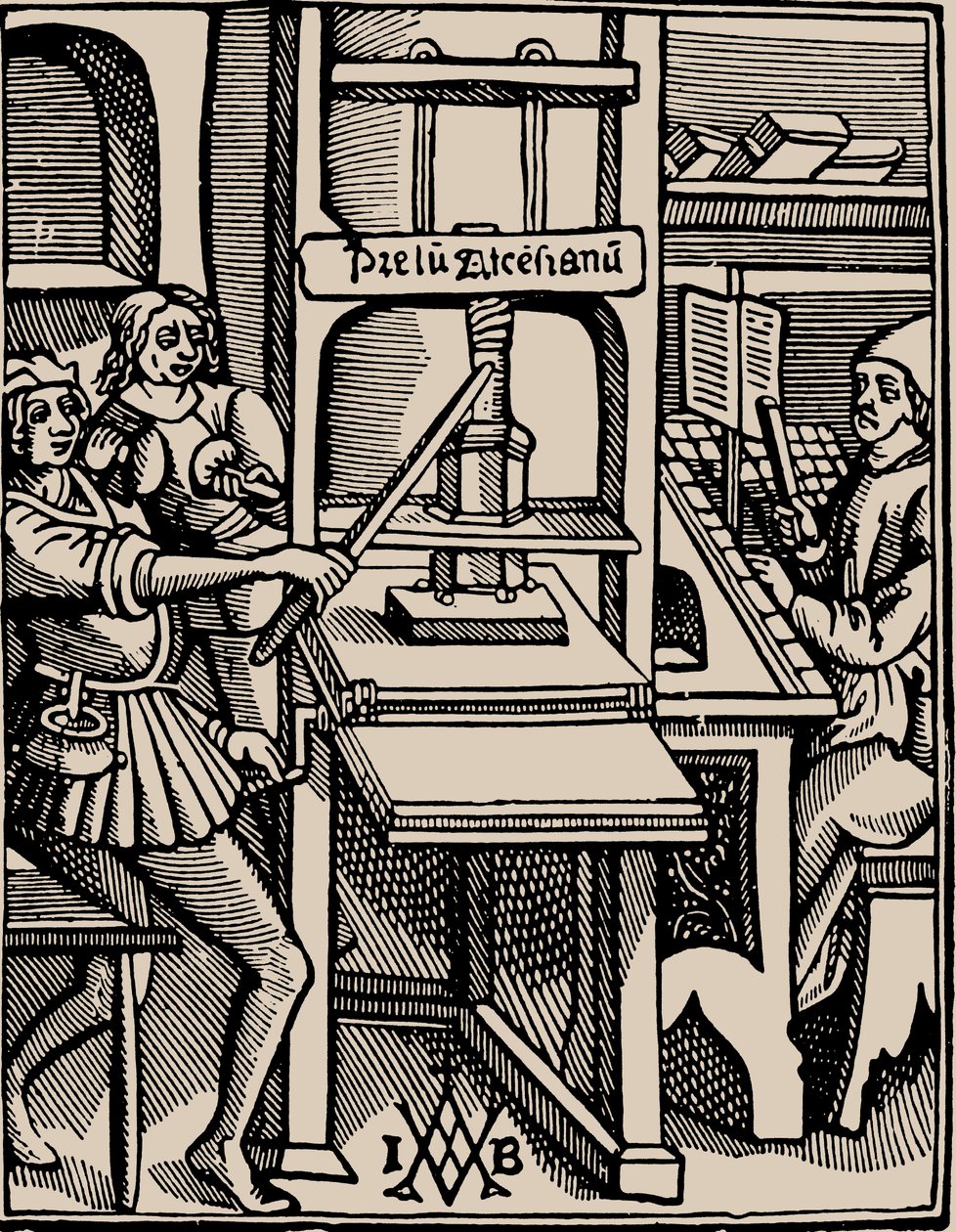 Prelum Ascensianum: skriverens enhet med trykkpressen i arbeid, 1508. av Badius
