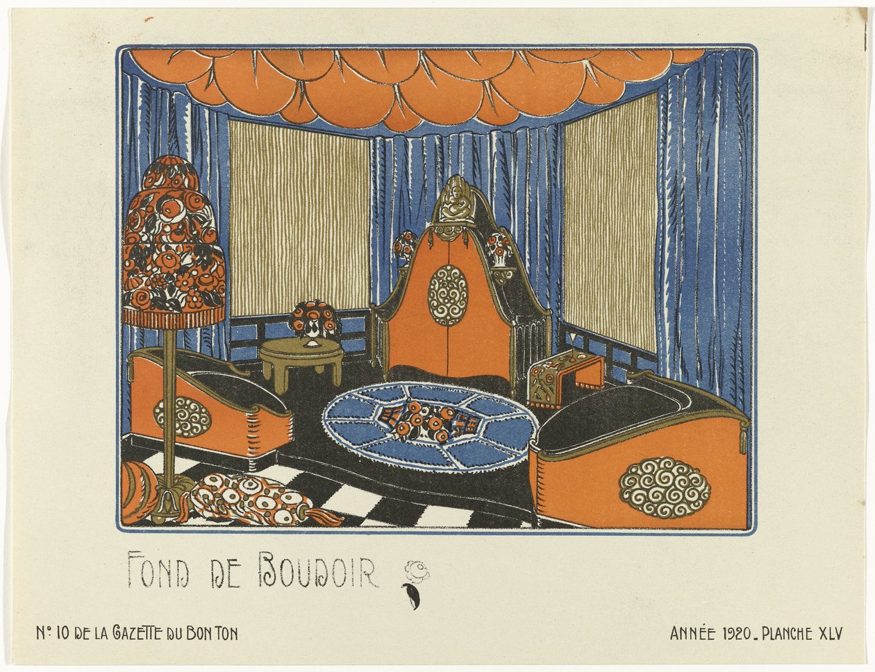 Gazette du Bon Ton, 1920 - nr. 10, Pl. XLV: Fond de Boudoir (tittel på objekt) av Bagge and Huguet