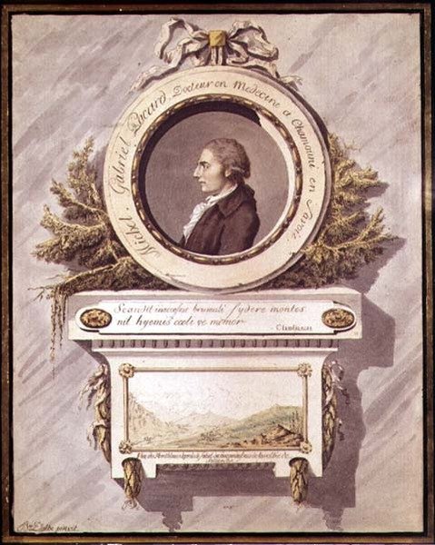 Michel Gabriel Pacard, doktor fra Chamonix, Savoie med utsikt over Mont Blanc fra Sallenche-dalen, 1700-tallet (wc) av Bailer Dalbe