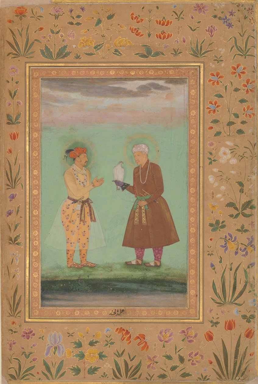 Jahangir og hans far, Akbar, Folio fra Shah Jahan Album, verso: ca. 1630 av Balchand