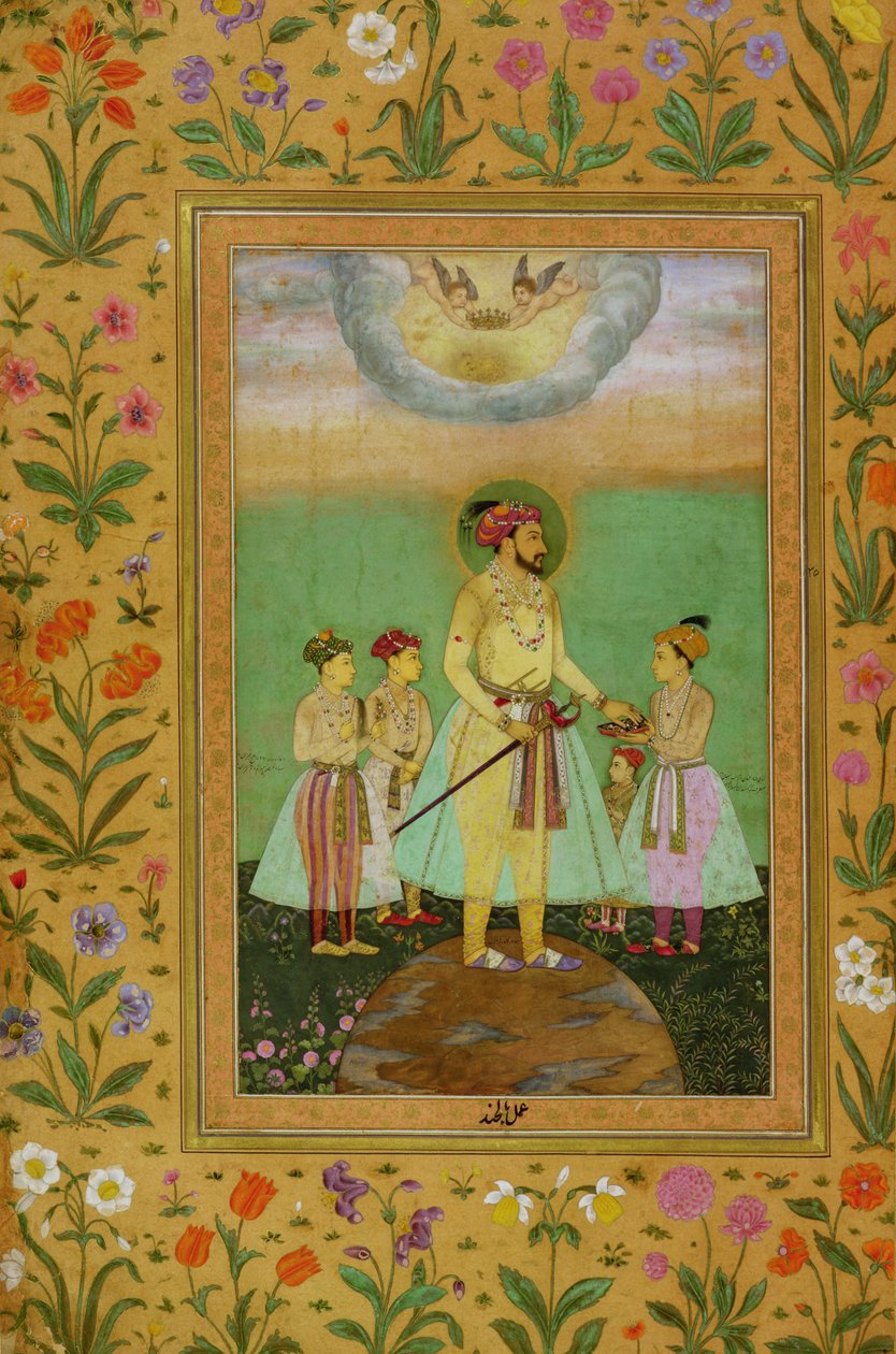 Shah Jahan (1592-1666) står på en stor jordklode omgitt av sine fire barn, fra Minto-albumet av Balchand