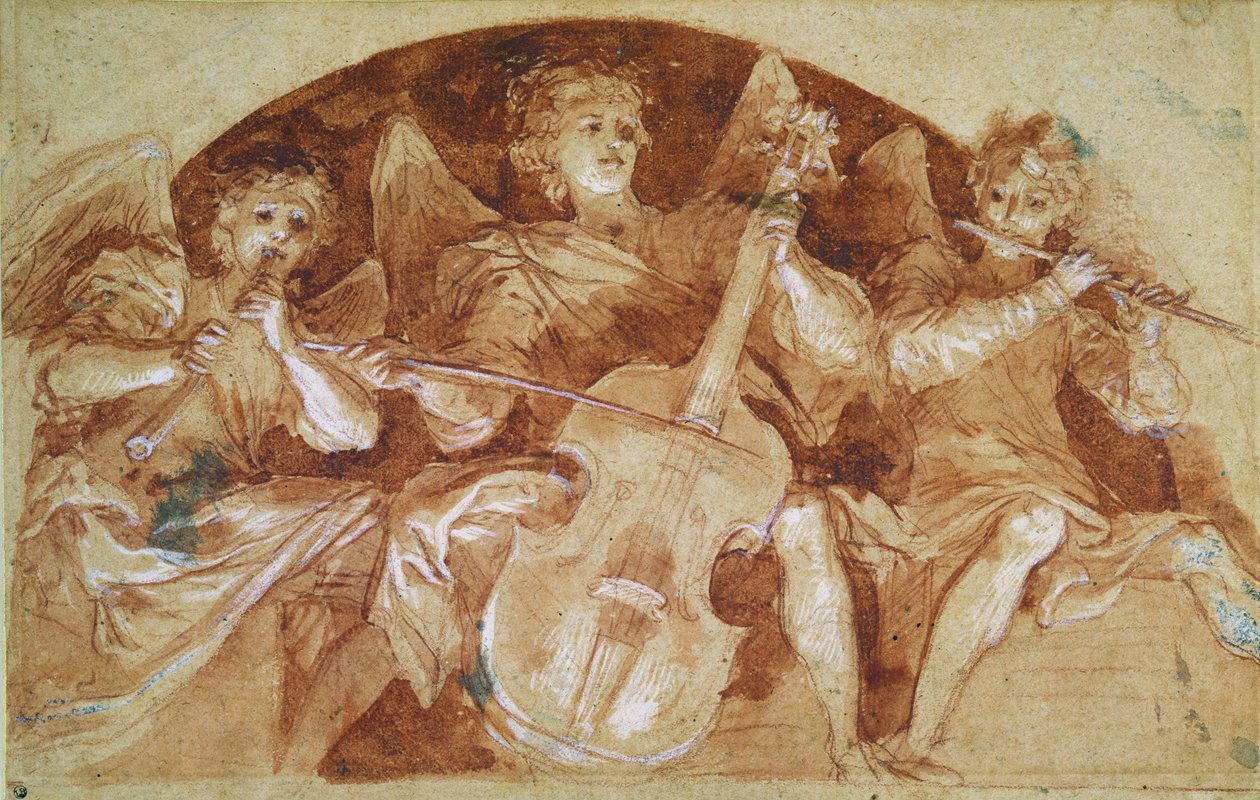 Three Angel Musicians (penn og blekk og rødt kritt på papir) av Baldassare Franceschini