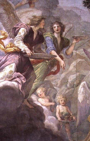 Kristus tjent av engler, detalj av engler og kjeruber av Baldassare  Franceschini