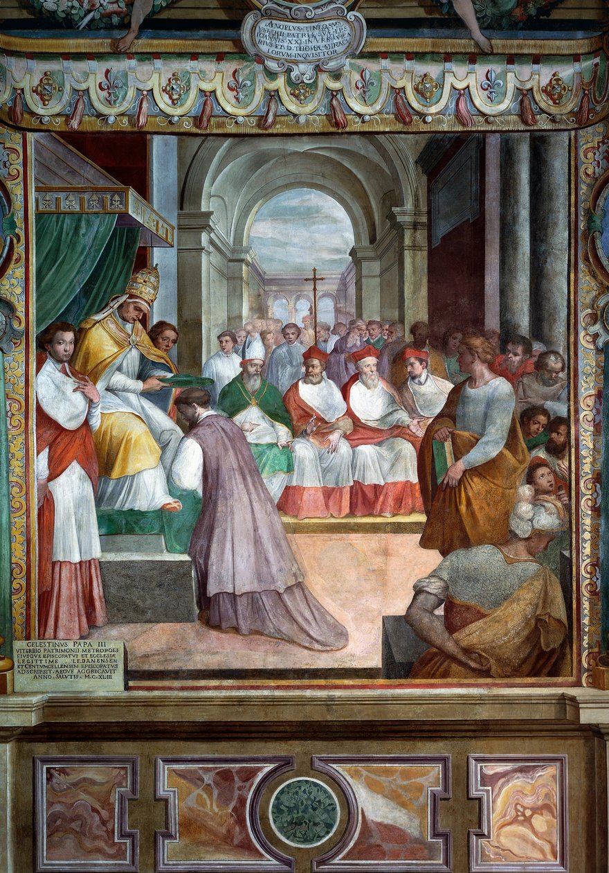 Celestine III innviet første biskop av Viterbo i 1192, detalj av fresker av Baldassare Croce av Baldassare Croce