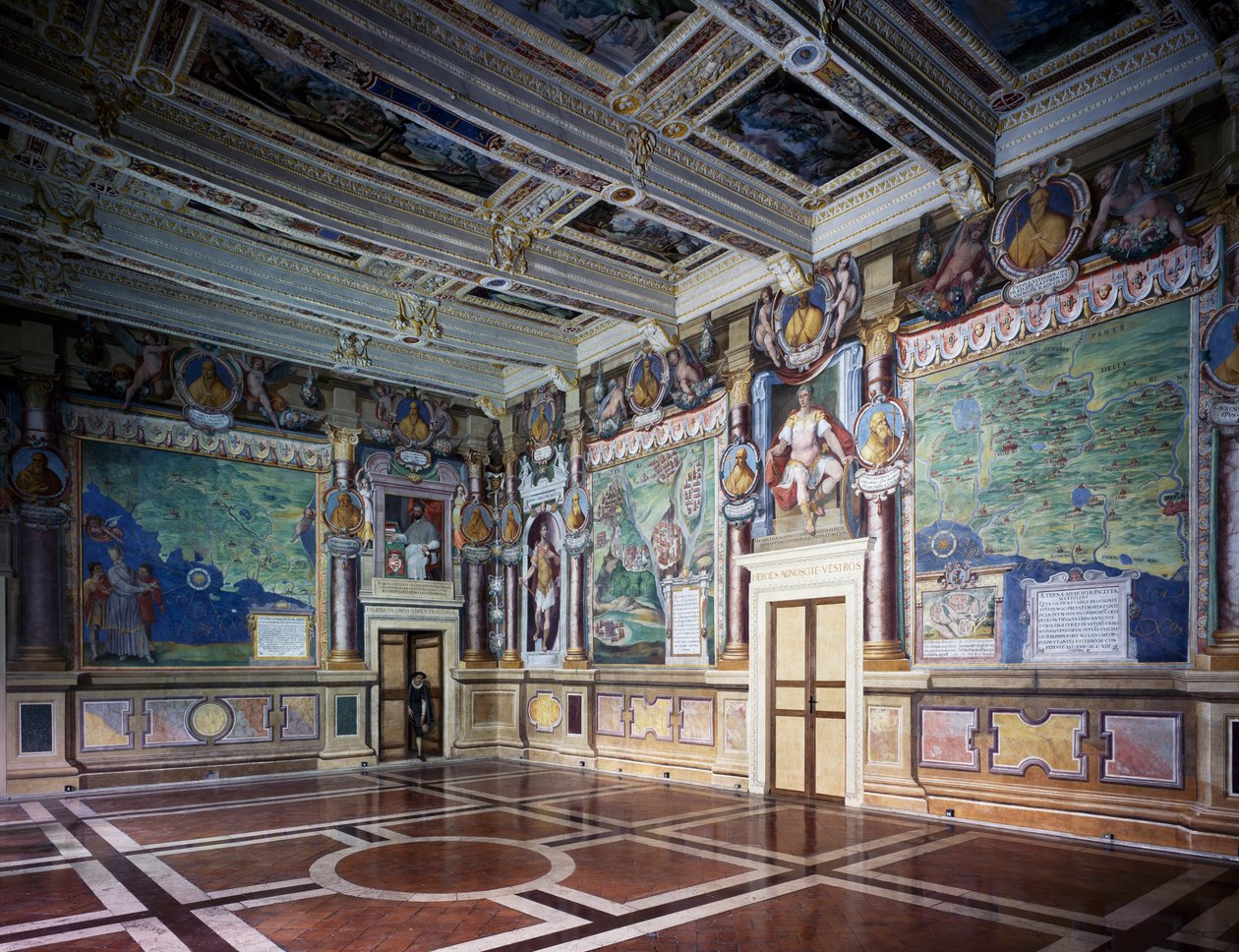Royal eller Hercules Hall med freskomalerier, Hercules Hally Baldassare Croce, mytologiske scener og historiske begivenheter fra byen Viterbo, tretak, rådhus, tidligere Palazzo dei Priori, Viterbo, Lazio, Italia av Baldassare Croce
