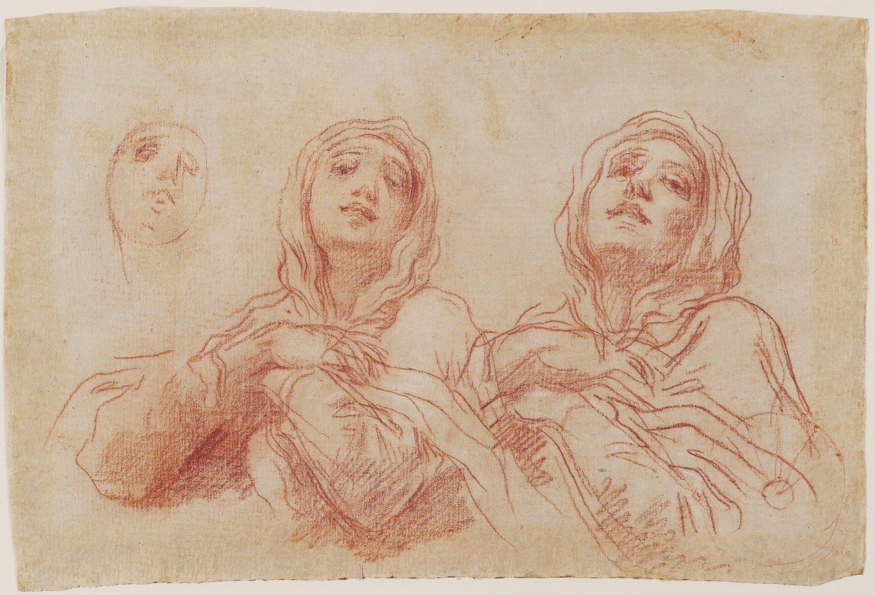 Studier for Jomfruens hode, ca. 1680 (rødt kritt med spor av hvitt kritt som øker på lagt papir) av Baldassare Franceschini
