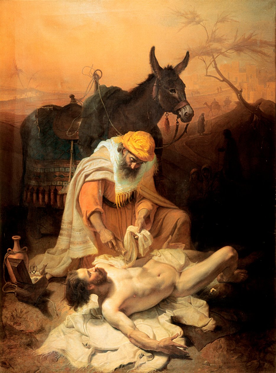 Evangeliets samaritan 1851 (olje på lerret) av Baldassare Verazzi
