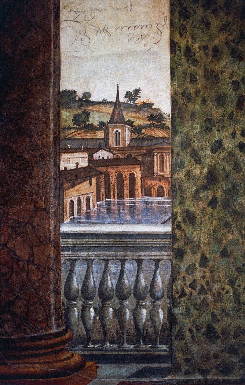 Bygninger ved vann, detalj fra freskomaleri i Hall of Perspectives av Baldassarre Peruzzi