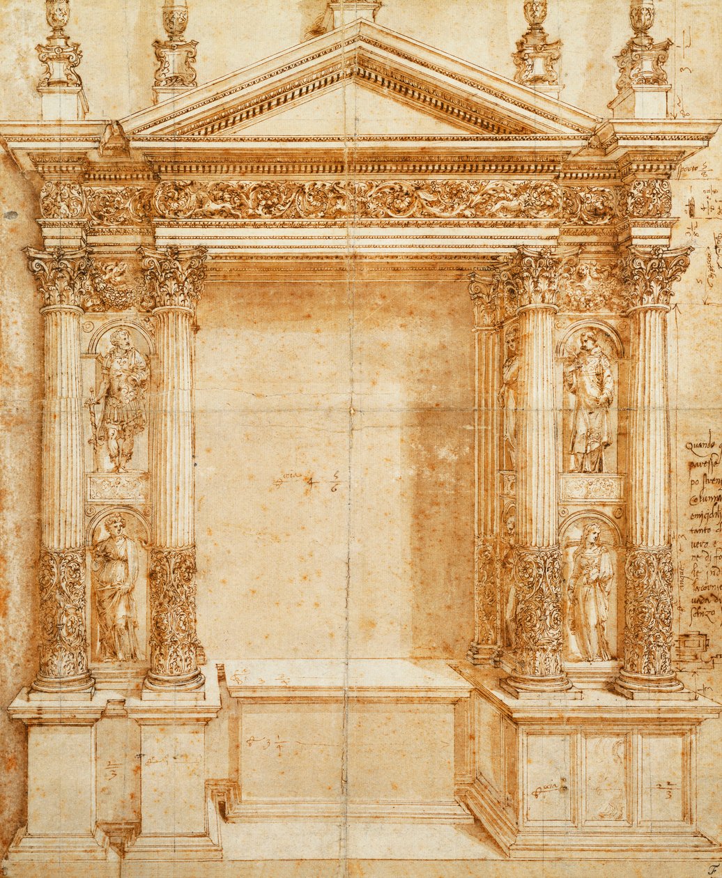 Design for et alter med et pedimentert tabernakel støttet på sammenkoblede korintiske statuer av Saint Lucy, Saint Agnes, Saint Ansanus og Saint Stephen i nisjer mellom disse av Baldassarre Peruzzi