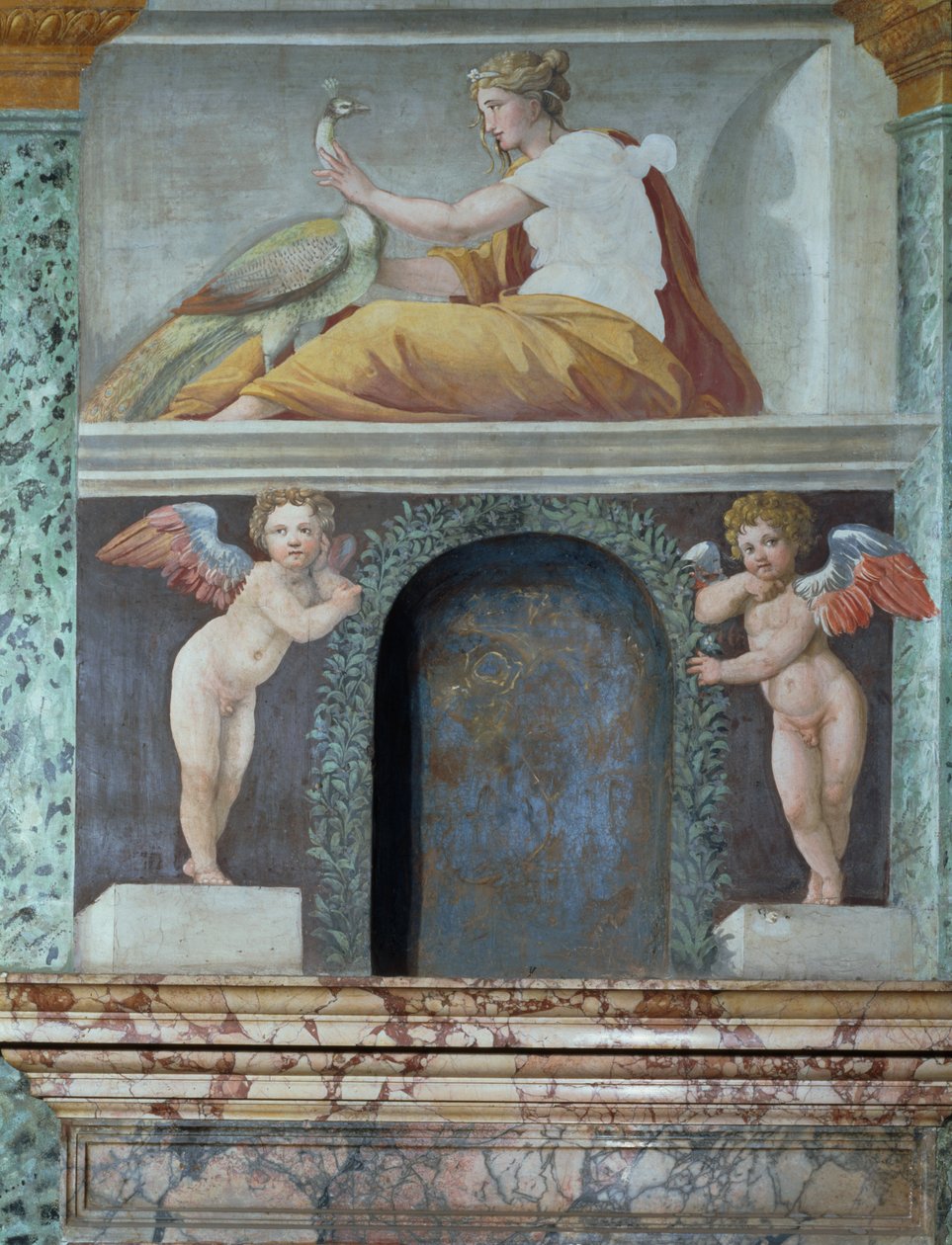 Sala delle Prospettive Hall of Perspective detalj av trompe loeil nisje som viser gudinnen Juno med en påfugl, freskomaleri fra 1518-19 av Baldassarre Peruzzi