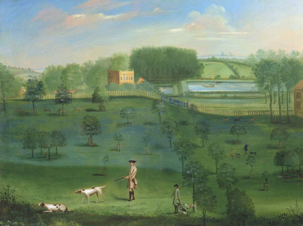 Landhusscene med hjort og arboret av Balthasar Nebot