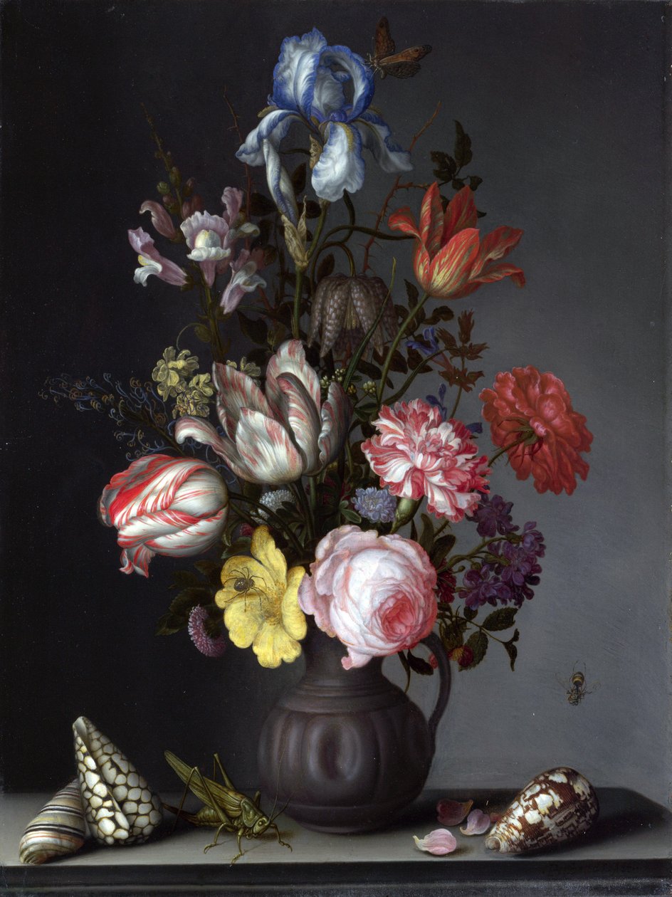 Blomster i en vase med skjell og insekter av Balthasar van der Ast
