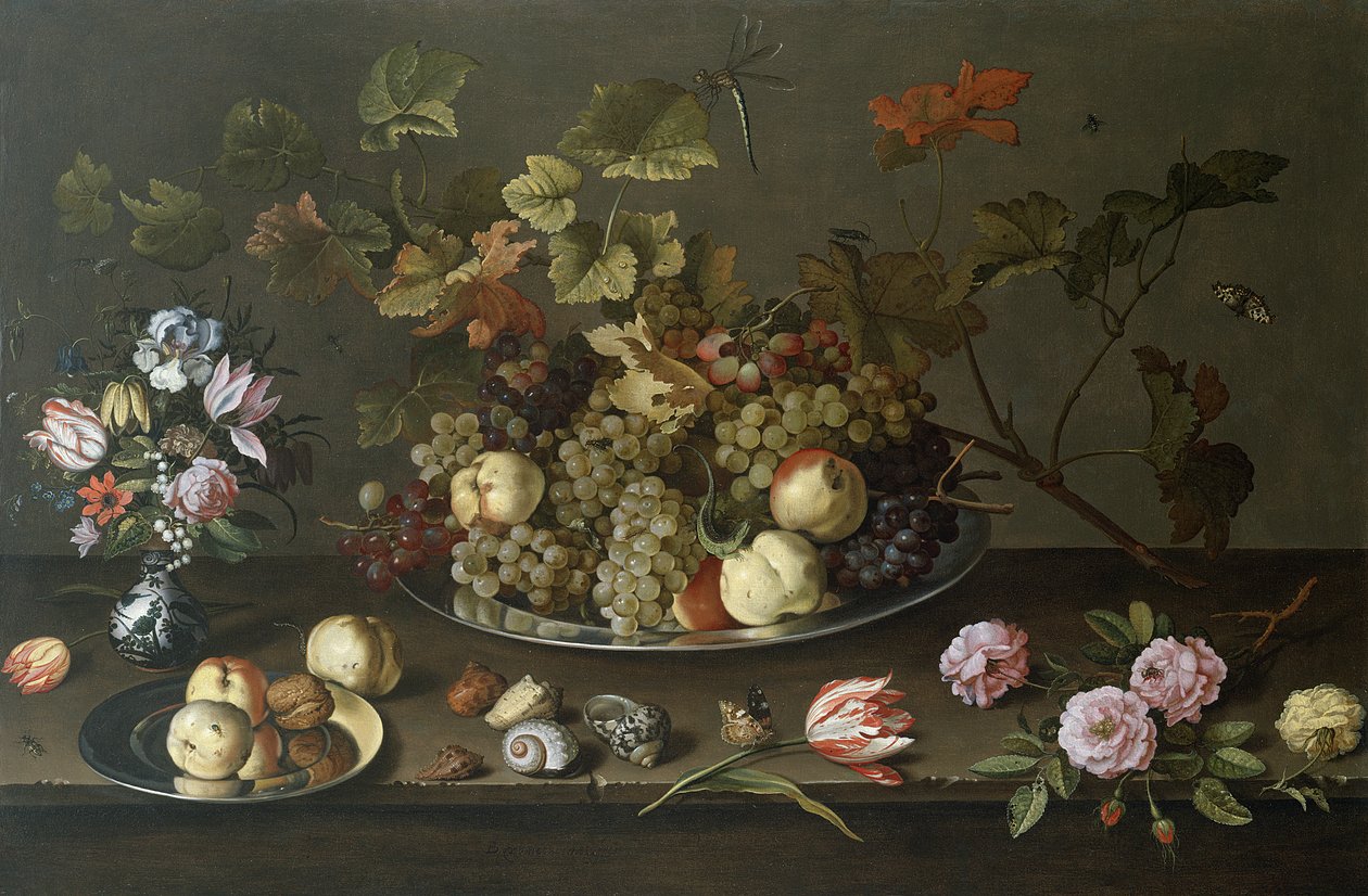 Stilleben av frukt, blomster og skjell av Balthasar van der Ast