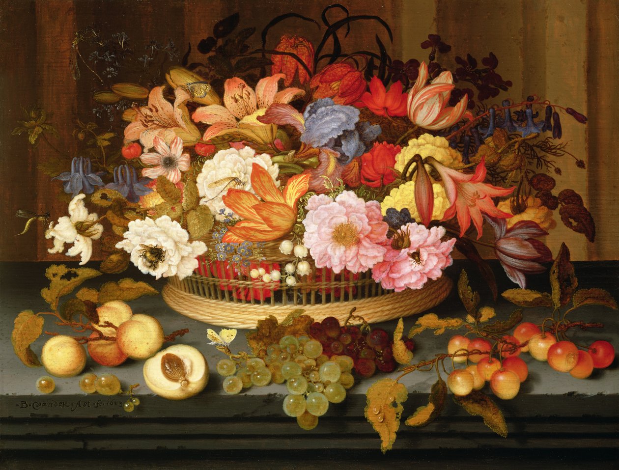 Stilleben av frukt og en kurv med blomster, 1623 av Balthasar van der Ast