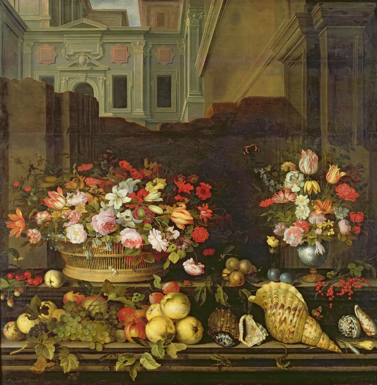 Stilleben med blomster, frukt og skjell av Balthasar van der Ast