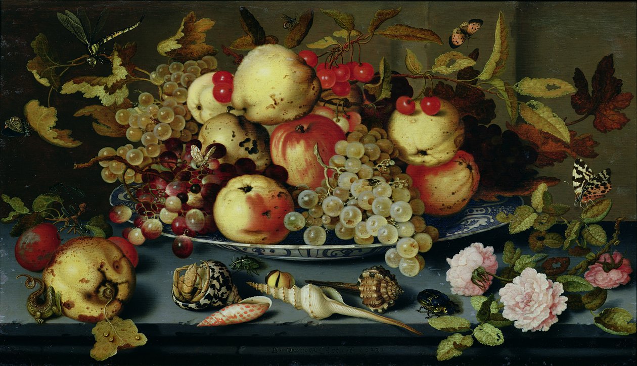 Stilleben med frukt, blomster og sjømat av Balthasar van der Ast
