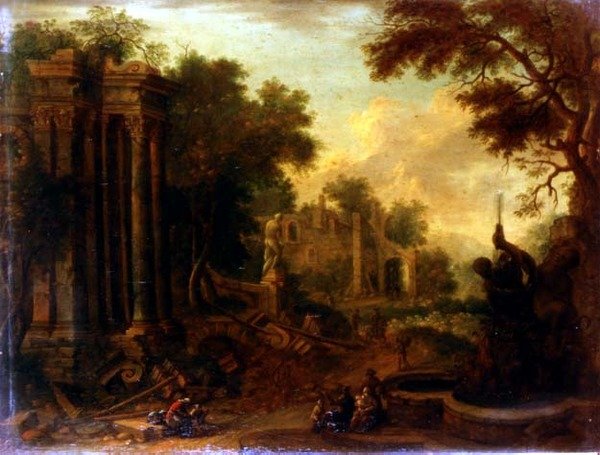 Skoglandskap med reisende som hviler ved klassiske ruiner (en av et par) av Balthasar (circle of) Beschey