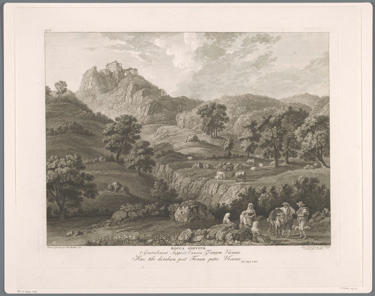 Utsikt over Roccagiovine Rocca Giovine (tittel på objekt) Suite de VI vues des Environs de Rome (...) (serietittel) av Balthasar Anton Dunker