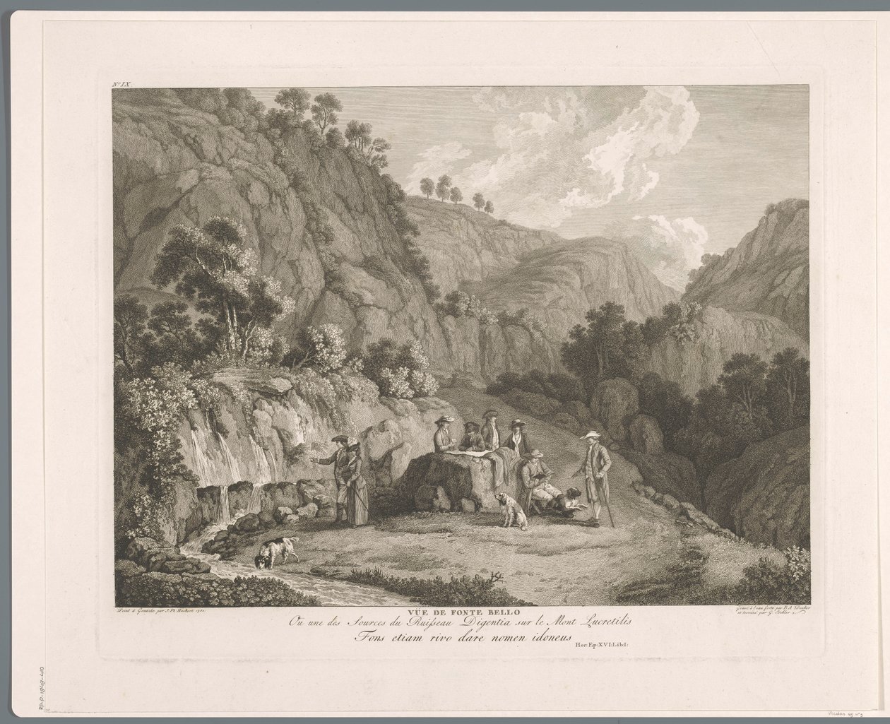 Utsikt over kilden ved Monti Lucretili Vüe ​​​​de fonte bello (tittel på objekt) Suite de VI vues des Environs de Rome (...) (serietittel) av Balthasar Anton Dunker