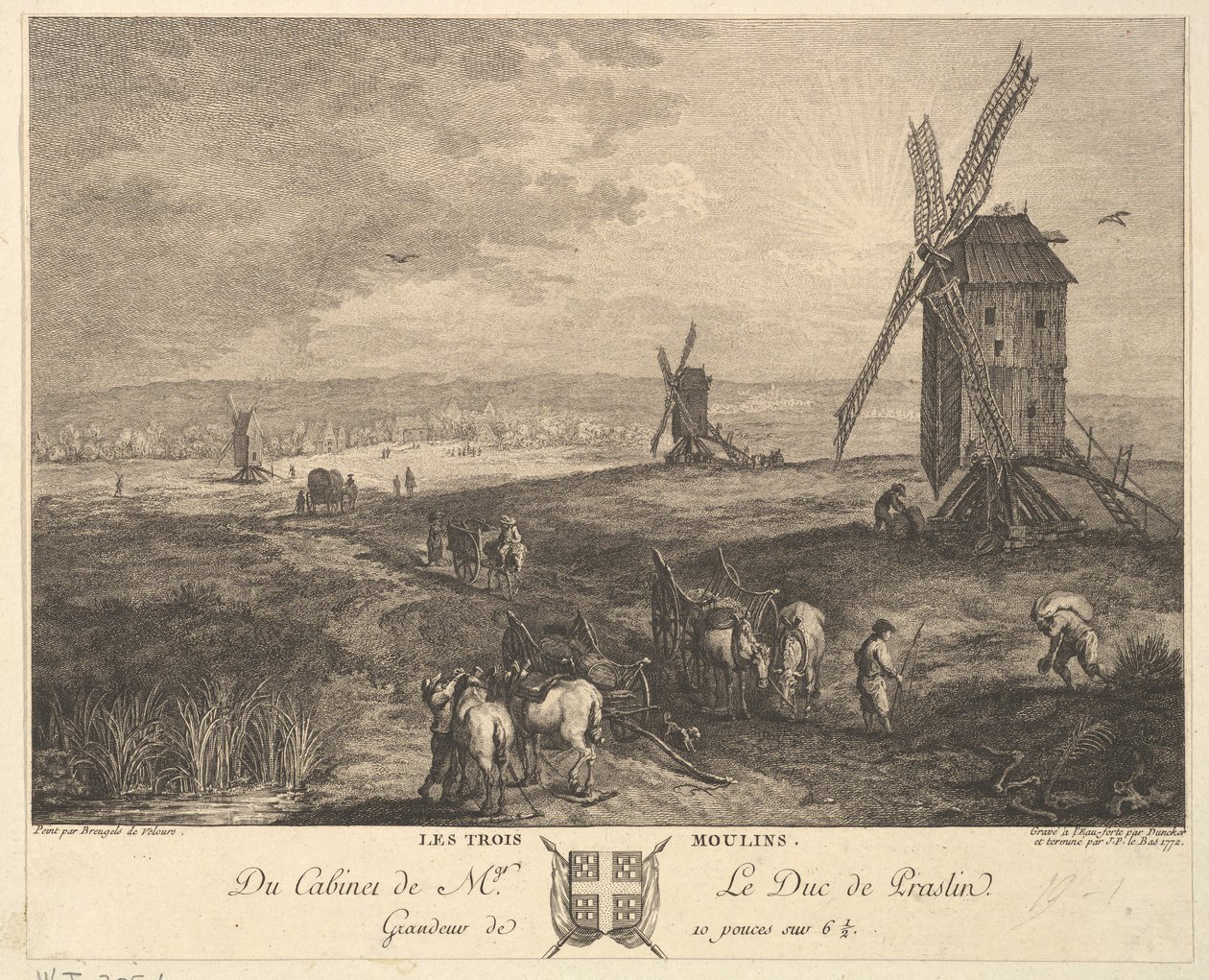 De tre vindmøllene Les Trois Moulins etter et maleri i samlingen til Duc de P..., 1772 av Balthasar Anton Dunker