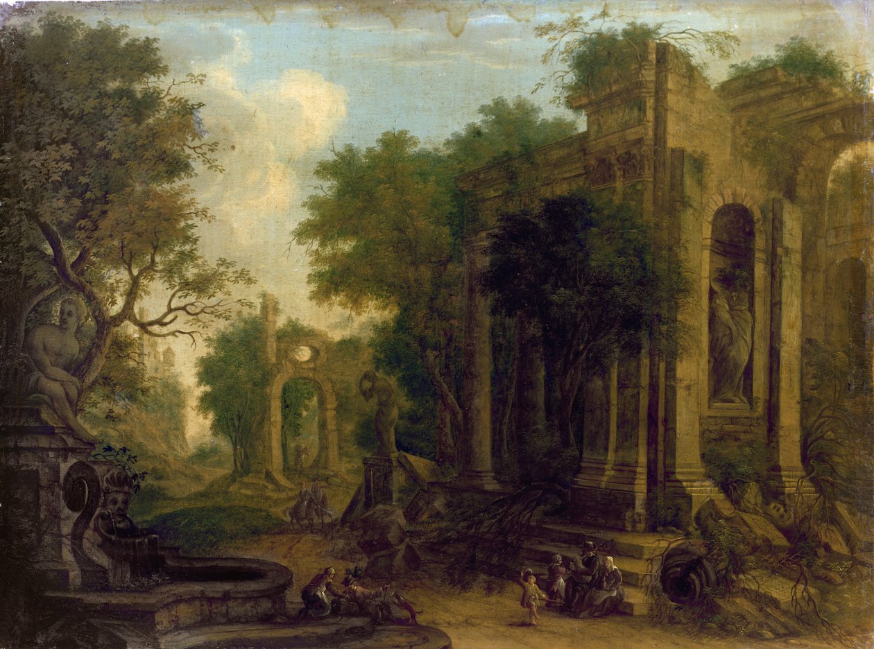 Skoglandskap med reisende som hviler ved klassiske ruiner av Balthasar Beschey