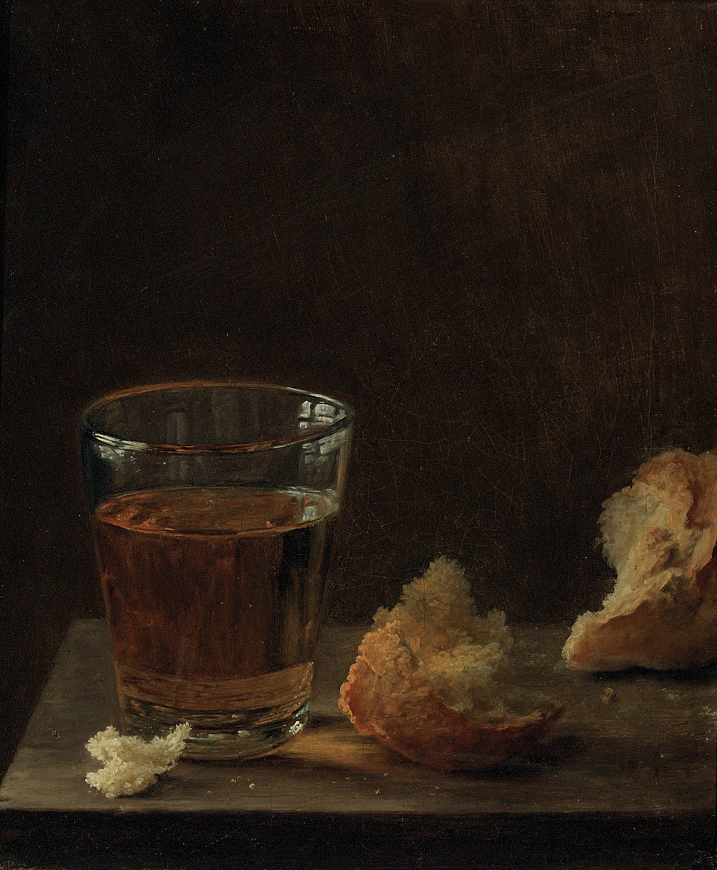 Et glass øl og en rundstykke på et bord av Balthasar Denner