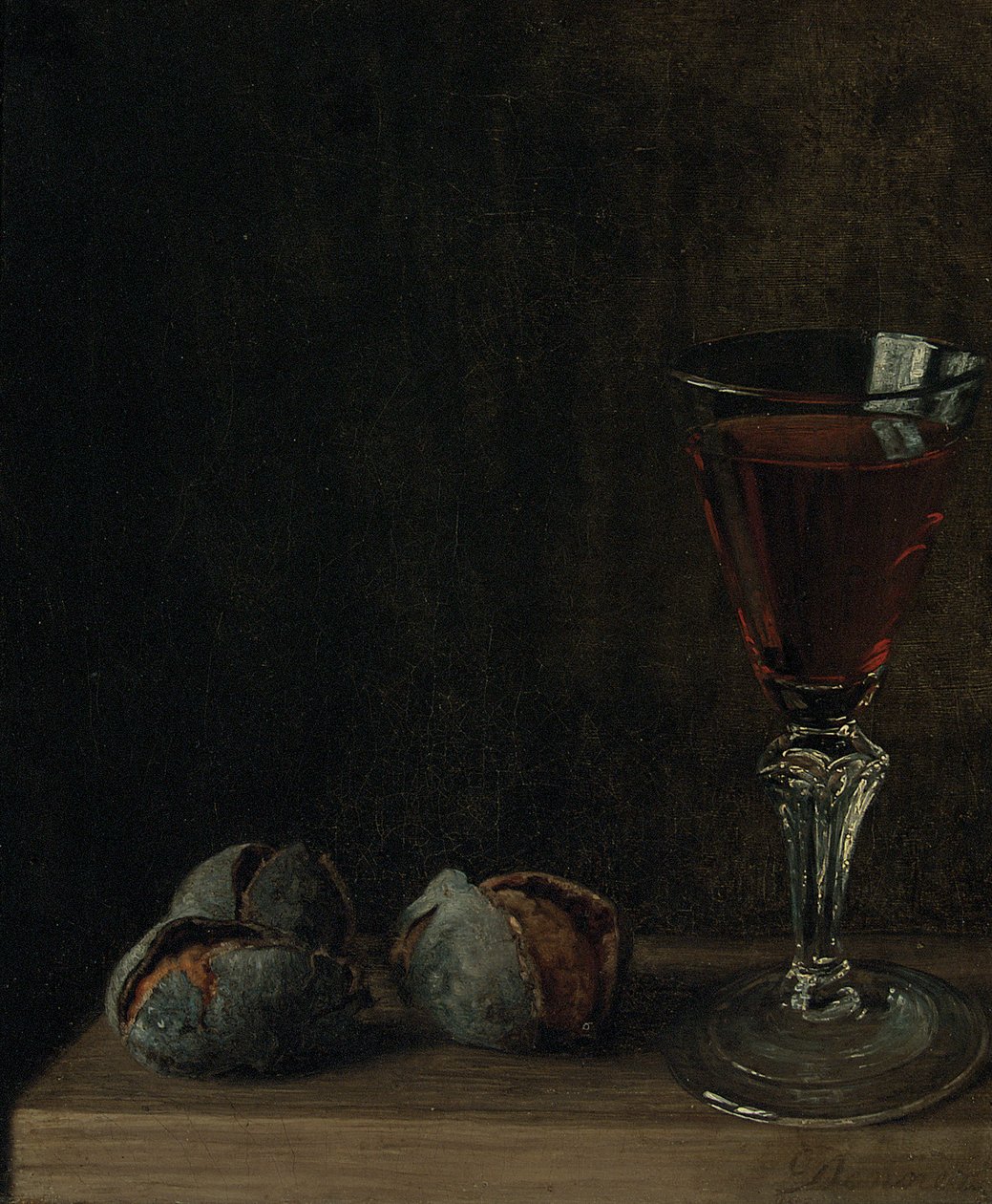 Et glass vin med valnøtter på et bord av Balthasar Denner