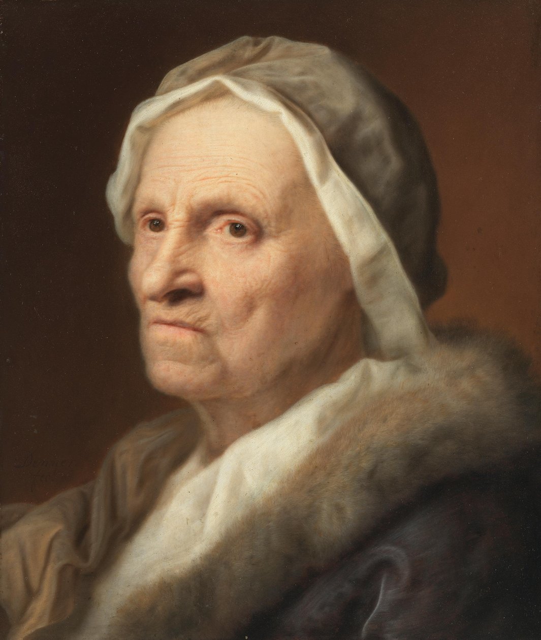 Portrett av en gammel kvinne i pels av Balthasar Denner