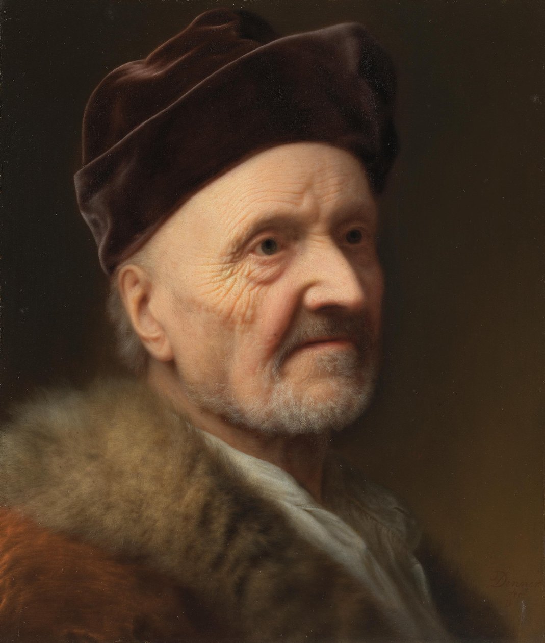 Portrett av en gammel mann i pels av Balthasar Denner