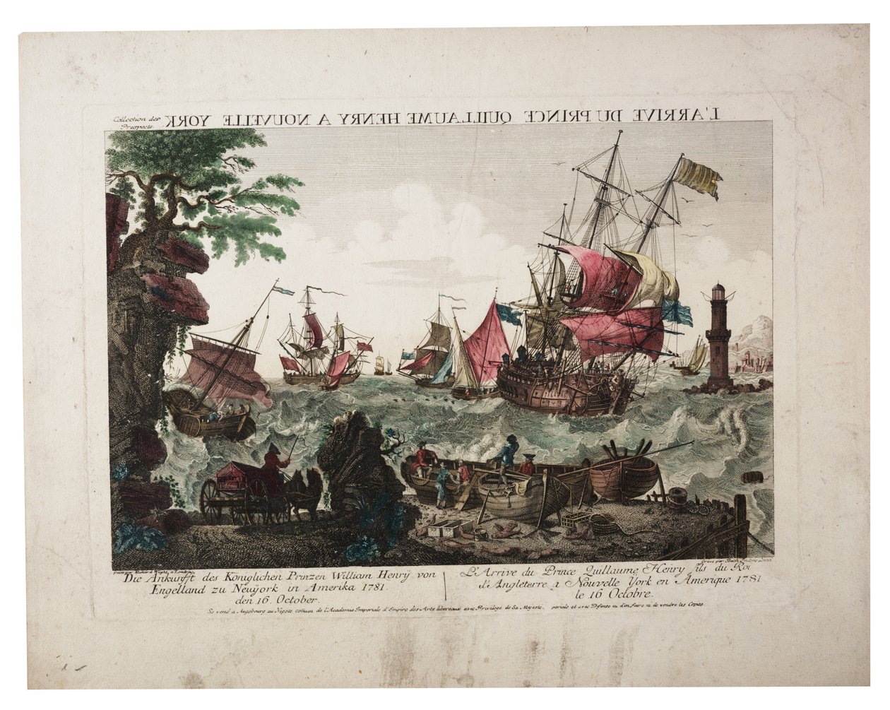 Prins William Henrys ankomst til New York, ca. 1781 (håndfarget gravering) av Balthasar Friedrich Leizel