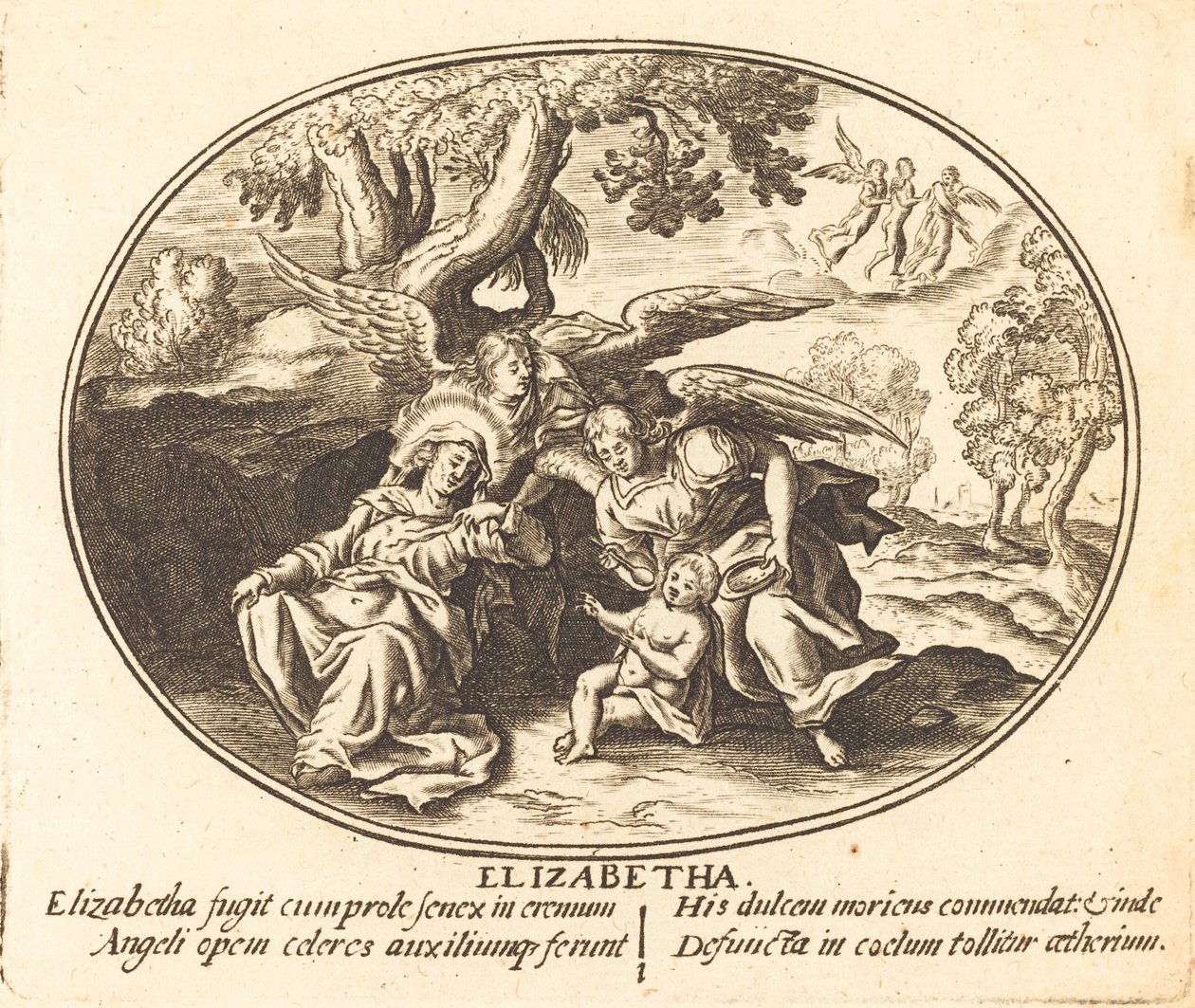 The Flight of Saint Elizabeth med spedbarnet Saint John av Balthasar Moncornet