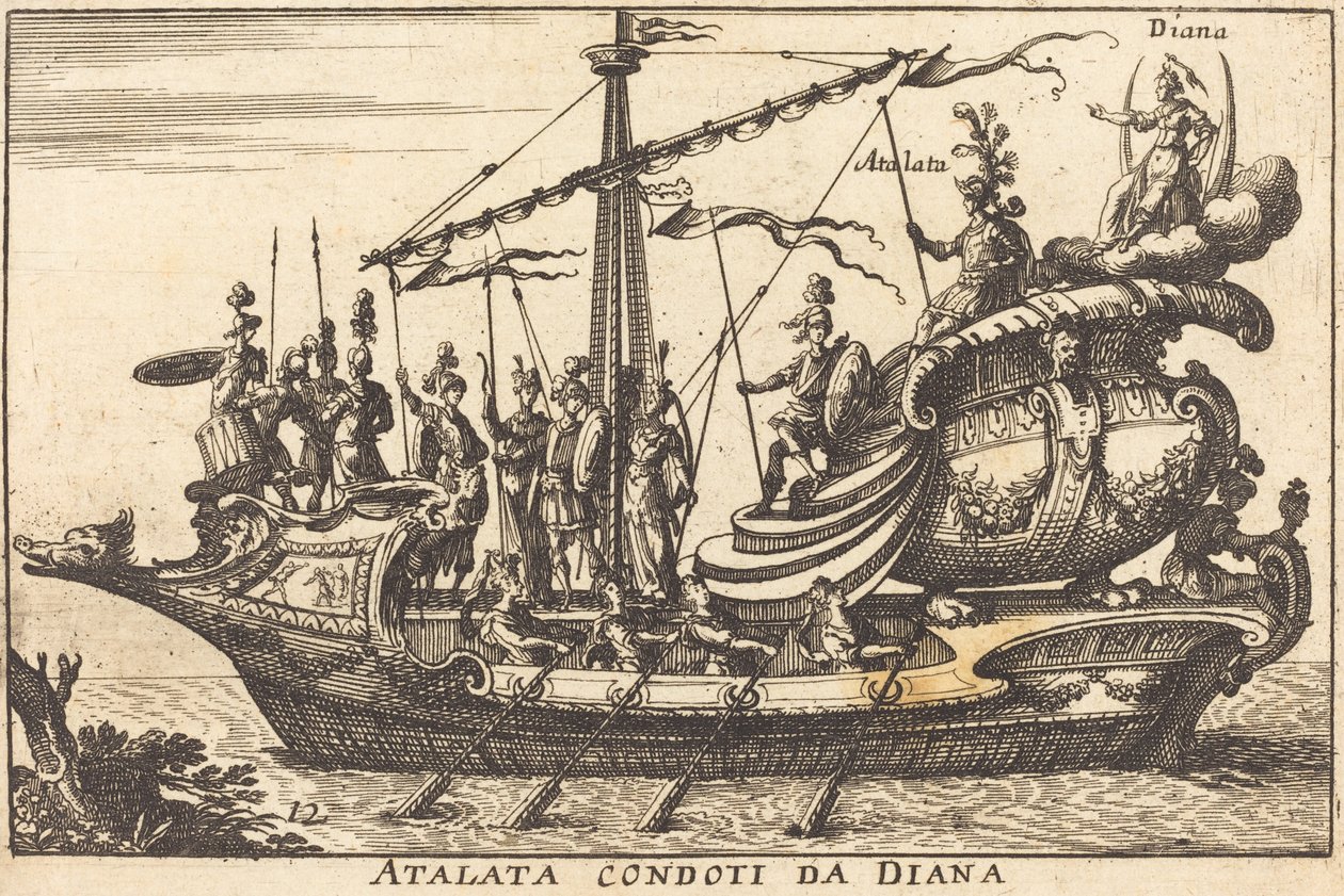 Atalanta ledet av Diana av Balthasar Moncornet after Remigio Cantagallina