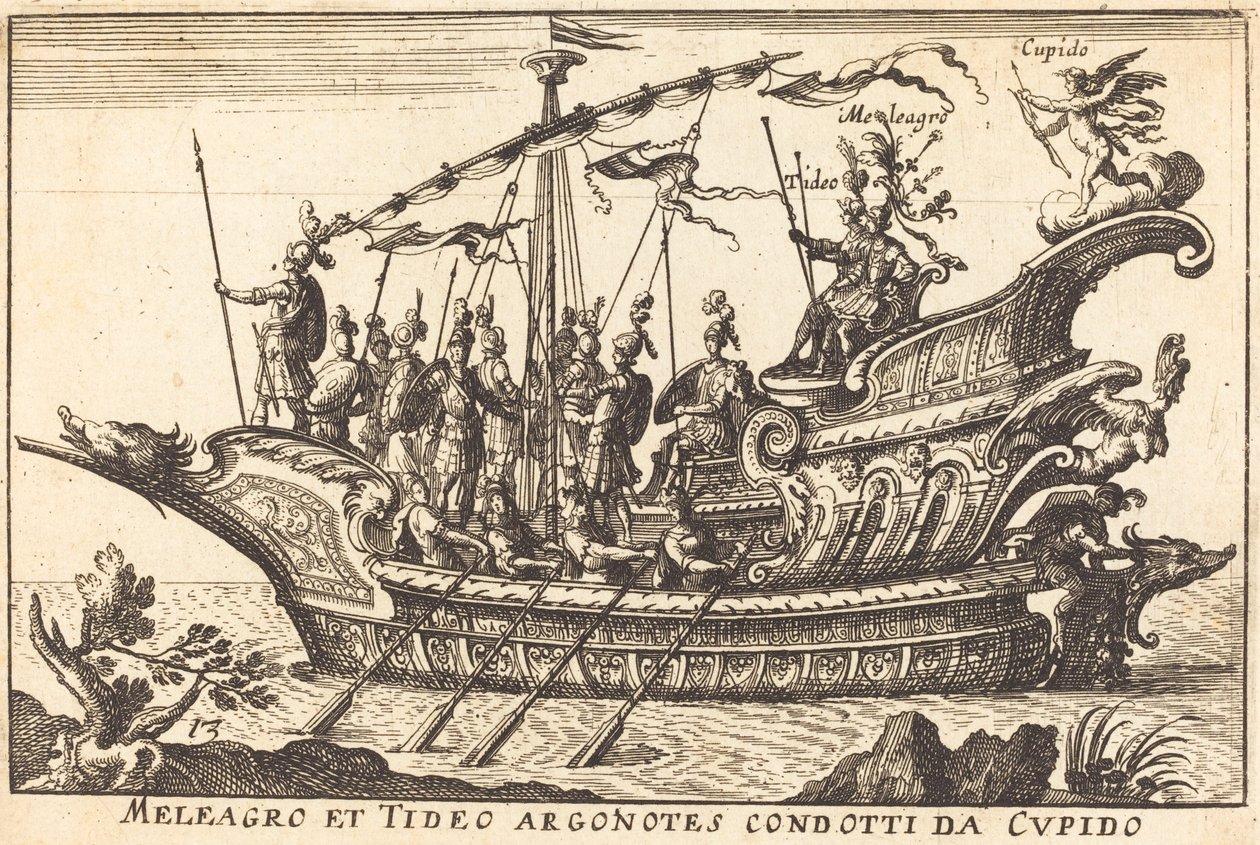 Meleager og Tydeus førte argonautene til Amor av Balthasar Moncornet after Remigio Cantagallina